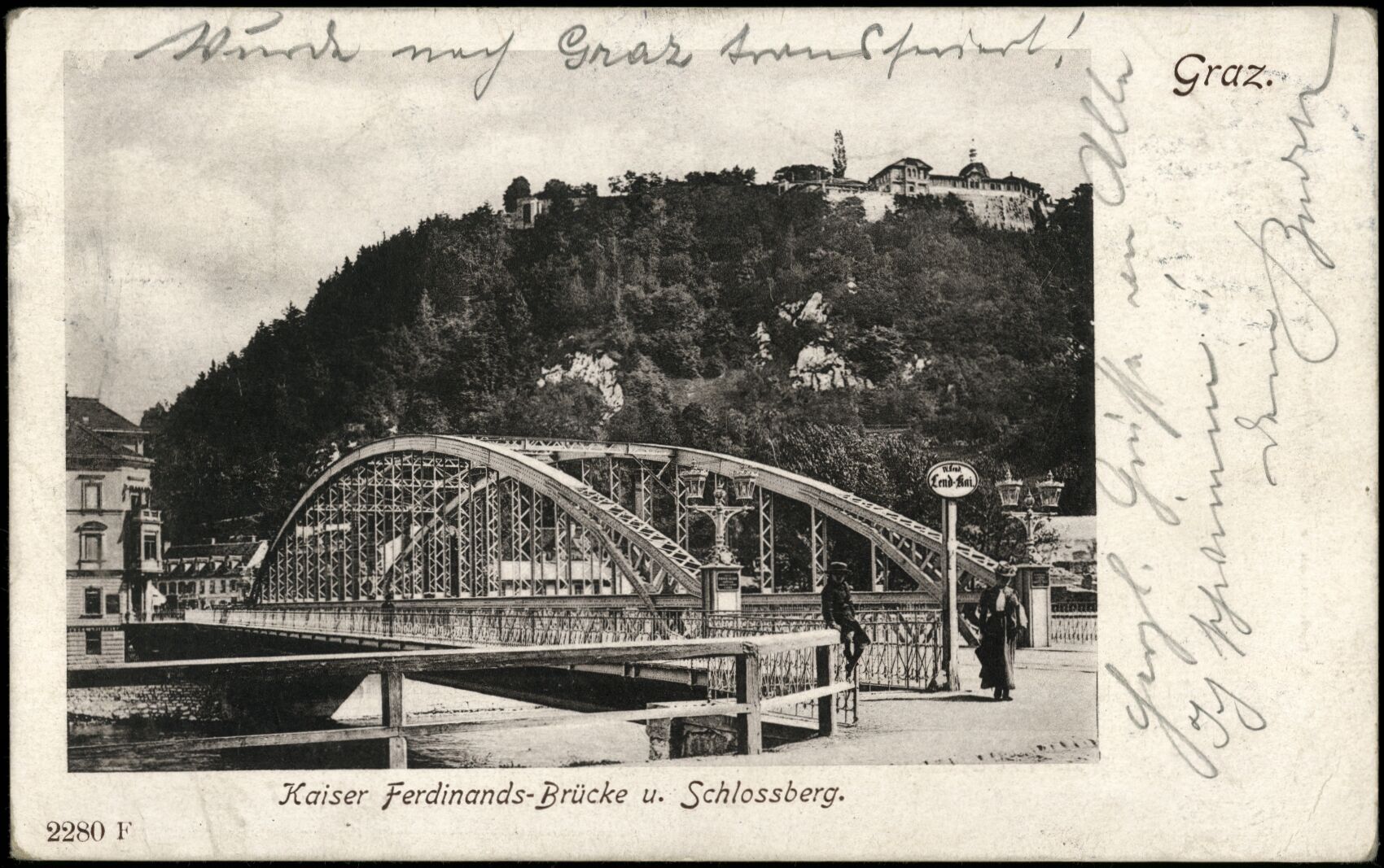 Graz, Schlossberg; Kaiser-Ferdinands-Brücke; gelaufen 1906; Österreichische Nationalbibliothek. Ansichtskarten online. httpdata.onb.ac.atAKONAK117_468