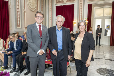 Bundesminister Martin Polaschek, Jubilar Gunter Wesener und Bürgermeisterin Elke Kahr